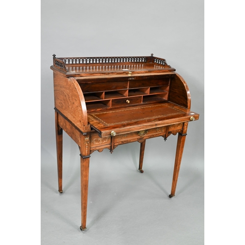 733 - A late 19th century floral and urn inlaid rosewood cylinder bureau, the pierced gilt brass 3/4 galle... 