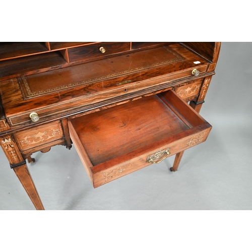 733 - A late 19th century floral and urn inlaid rosewood cylinder bureau, the pierced gilt brass 3/4 galle... 