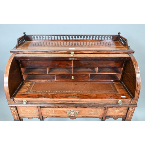 733 - A late 19th century floral and urn inlaid rosewood cylinder bureau, the pierced gilt brass 3/4 galle... 