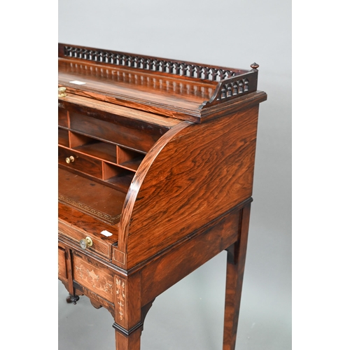 733 - A late 19th century floral and urn inlaid rosewood cylinder bureau, the pierced gilt brass 3/4 galle... 