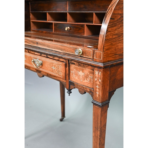 733 - A late 19th century floral and urn inlaid rosewood cylinder bureau, the pierced gilt brass 3/4 galle... 