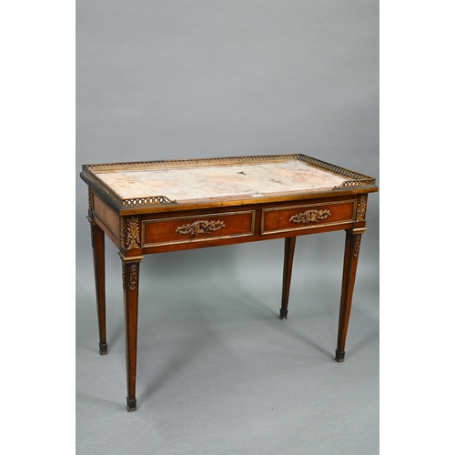 735 - A Louis XVI style ormolu mounted kingwood writing table, 19th century, the pierced 3/4 gallery top w... 