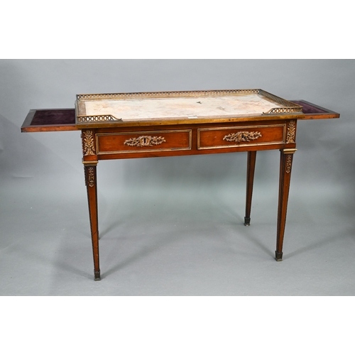 735 - A Louis XVI style ormolu mounted kingwood writing table, 19th century, the pierced 3/4 gallery top w... 