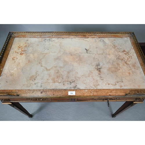 735 - A Louis XVI style ormolu mounted kingwood writing table, 19th century, the pierced 3/4 gallery top w... 