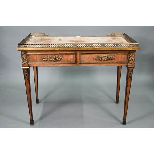 735 - A Louis XVI style ormolu mounted kingwood writing table, 19th century, the pierced 3/4 gallery top w... 