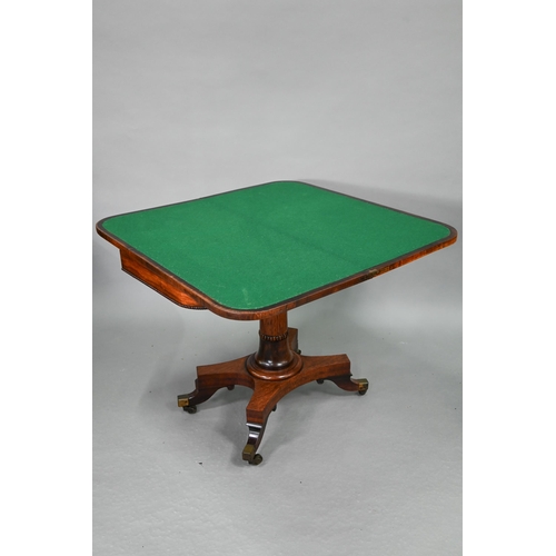736 - A Regency burr yew cross banded rosewood card table, the fold over top with rounded corners enclosin... 