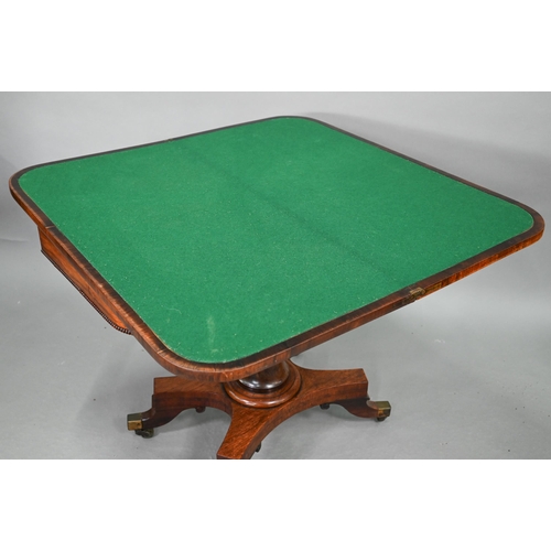 736 - A Regency burr yew cross banded rosewood card table, the fold over top with rounded corners enclosin... 