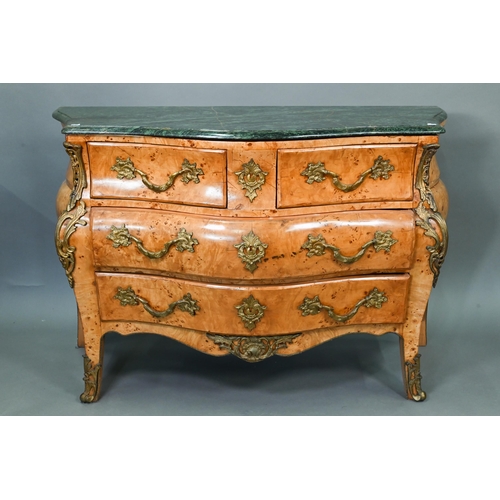 737 - A pair of continental green marble top maple and gilt metal mounted bombe commodes, two short over t... 