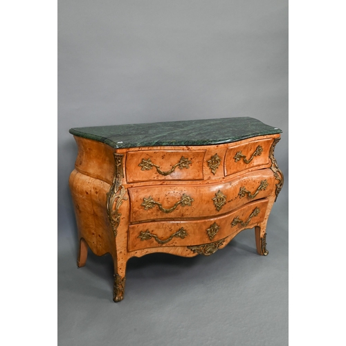 737 - A pair of continental green marble top maple and gilt metal mounted bombe commodes, two short over t... 