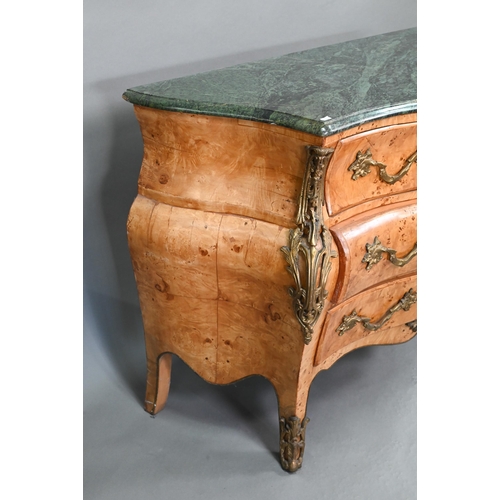737 - A pair of continental green marble top maple and gilt metal mounted bombe commodes, two short over t... 