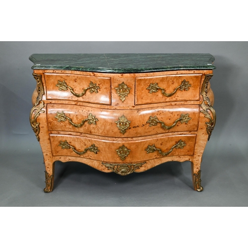 737 - A pair of continental green marble top maple and gilt metal mounted bombe commodes, two short over t... 
