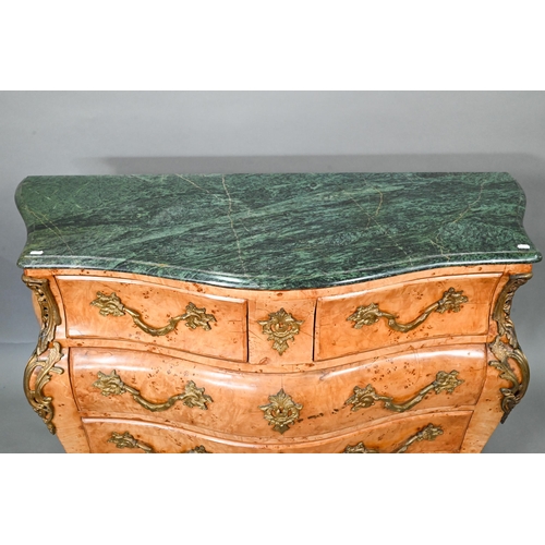 737 - A pair of continental green marble top maple and gilt metal mounted bombe commodes, two short over t... 
