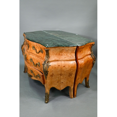 737 - A pair of continental green marble top maple and gilt metal mounted bombe commodes, two short over t... 