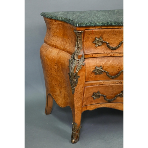 737 - A pair of continental green marble top maple and gilt metal mounted bombe commodes, two short over t... 