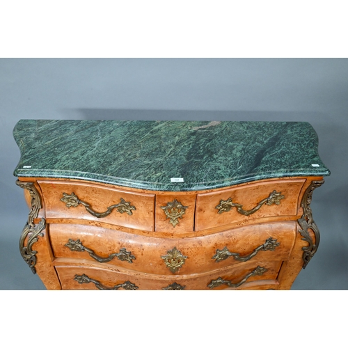 737 - A pair of continental green marble top maple and gilt metal mounted bombe commodes, two short over t... 