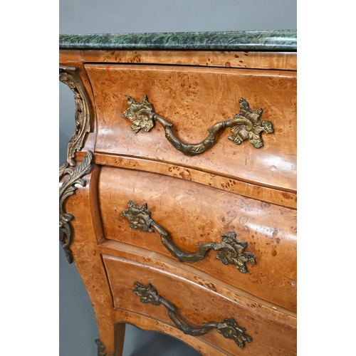 737 - A pair of continental green marble top maple and gilt metal mounted bombe commodes, two short over t... 
