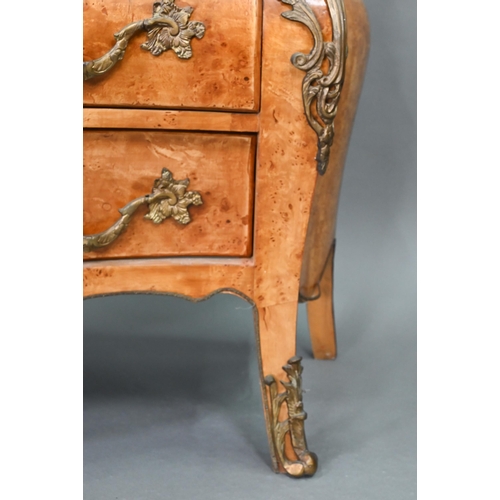 737 - A pair of continental green marble top maple and gilt metal mounted bombe commodes, two short over t... 