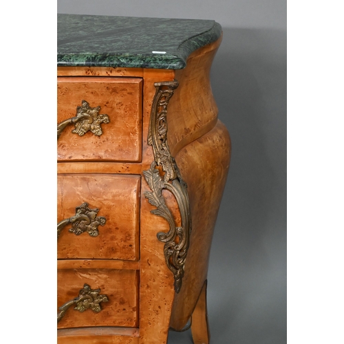 737 - A pair of continental green marble top maple and gilt metal mounted bombe commodes, two short over t... 