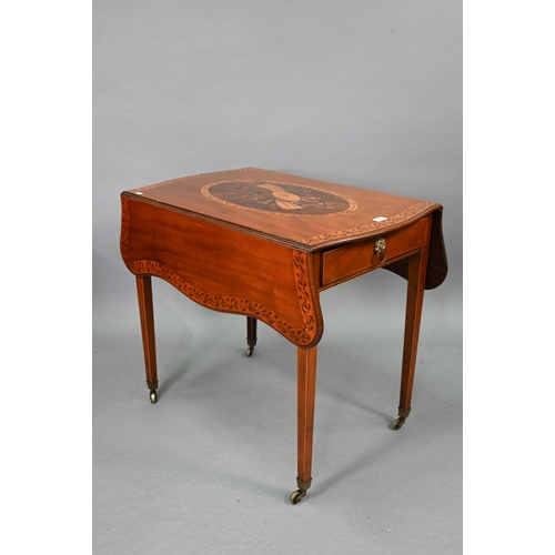 748 - A Victorian Sheraton Revival inlaid and decorated cross-banded mahogany Pembroke table, the serpenti... 