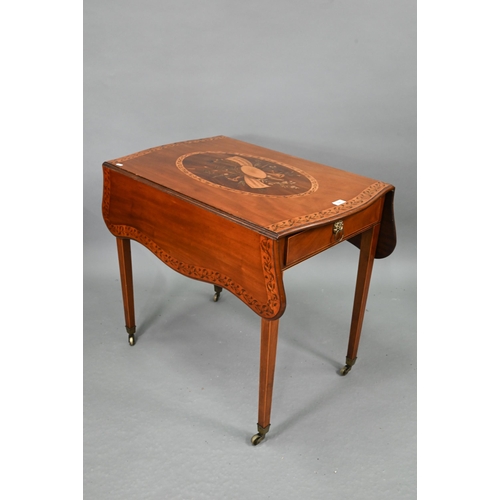 748 - A Victorian Sheraton Revival inlaid and decorated cross-banded mahogany Pembroke table, the serpenti... 