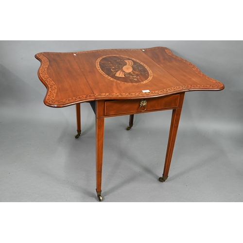 748 - A Victorian Sheraton Revival inlaid and decorated cross-banded mahogany Pembroke table, the serpenti... 