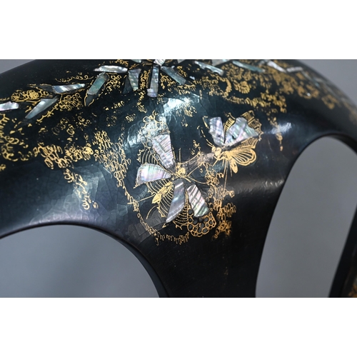 750 - Two Victorian black lacquered gilt and mother-of-pearl inlaid papier mache chairs, with caned seats,... 