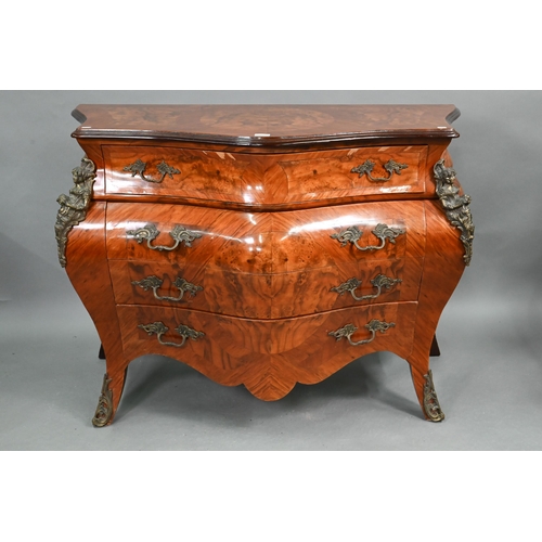 751 - A pair of continental Louis XV style burr walnut, kingwood and gilt metal mounted serpentine commode... 