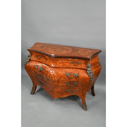 751 - A pair of continental Louis XV style burr walnut, kingwood and gilt metal mounted serpentine commode... 