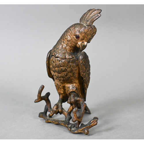 903 - A Victorian gilt bronze inkwell, cast as a cockatoo with glass eyes and hinged head, stamped for 'Me... 