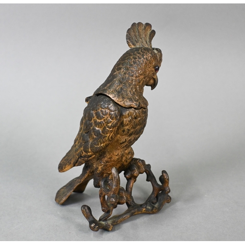 903 - A Victorian gilt bronze inkwell, cast as a cockatoo with glass eyes and hinged head, stamped for 'Me... 