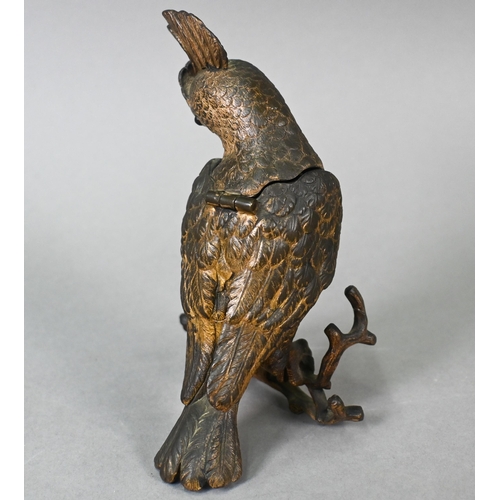 903 - A Victorian gilt bronze inkwell, cast as a cockatoo with glass eyes and hinged head, stamped for 'Me... 