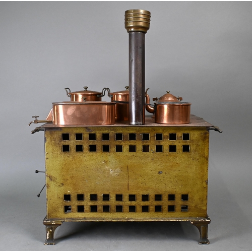 916 - A Marklin (Germany) tinplate toy oven range c/w copper kettle, four pans (3 lids), chimney and inner... 