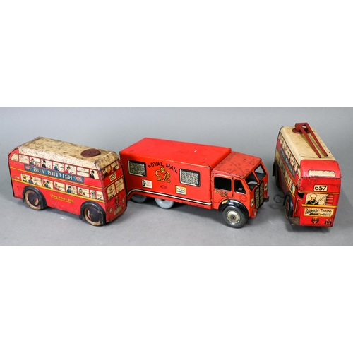 917 - A Brimtoy tinplate double decker bus and similar trolleybus inscribed 'Buy British', to/w a Mettoy R... 