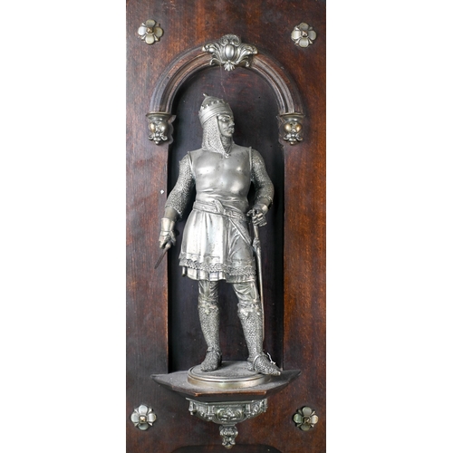 918 - Two 19th century French spelter figures of Medieval King and Prince in armour, mounted in stained wo... 