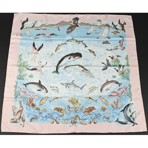 926 - Hermés - Two boxed silk scarves featuring sea creatures and purple stamps, rolled edges, 87 x... 