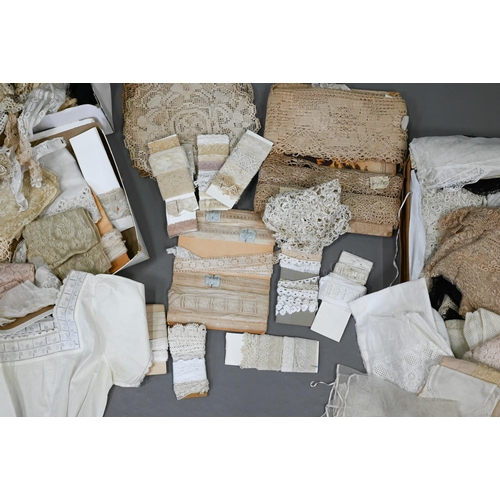 946 - A large collection of antique lace trimmings, edgings, cuffs, collars, sleeves, bodices, doilies etc