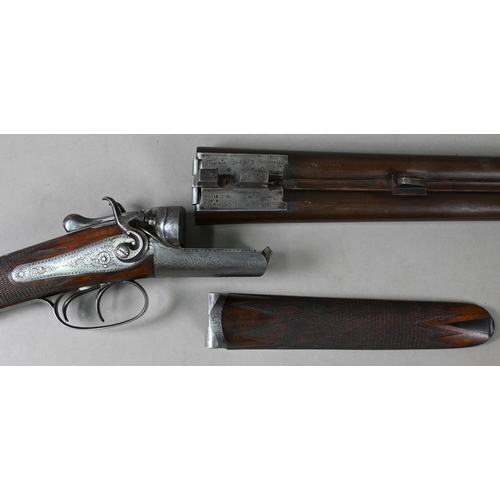 950 - An antique twin-barrelled shotgun by G E Lewis, Birmingham with hammer action, damascus (nitro-proof... 