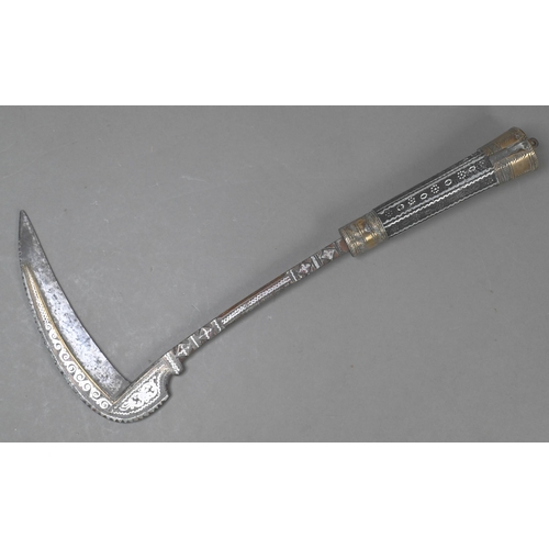 959 - An Afghan Lohar (axe) with inlaid gold and silver on steel blade and shaft, on brass-mounted and sil... 