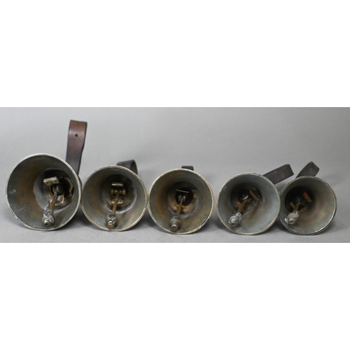 969 - A graduated matched set of nine hand-bells with leather wrist straps, some stamped for Mears and Sha... 