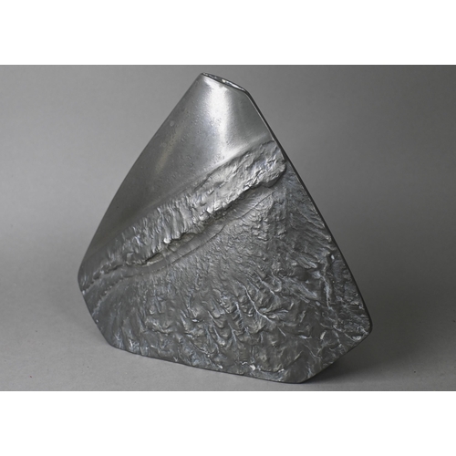 971 - A Helgi Joensen (Norway) 'Brutalist' pewter vase of flattened triangular form with textured surface,... 