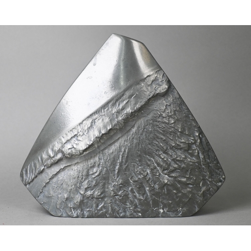 971 - A Helgi Joensen (Norway) 'Brutalist' pewter vase of flattened triangular form with textured surface,... 