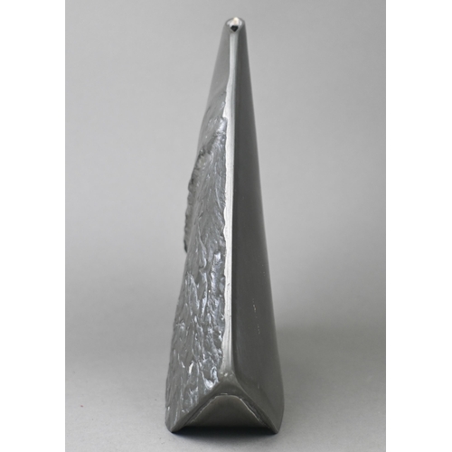 971 - A Helgi Joensen (Norway) 'Brutalist' pewter vase of flattened triangular form with textured surface,... 