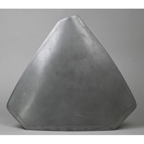 971 - A Helgi Joensen (Norway) 'Brutalist' pewter vase of flattened triangular form with textured surface,... 