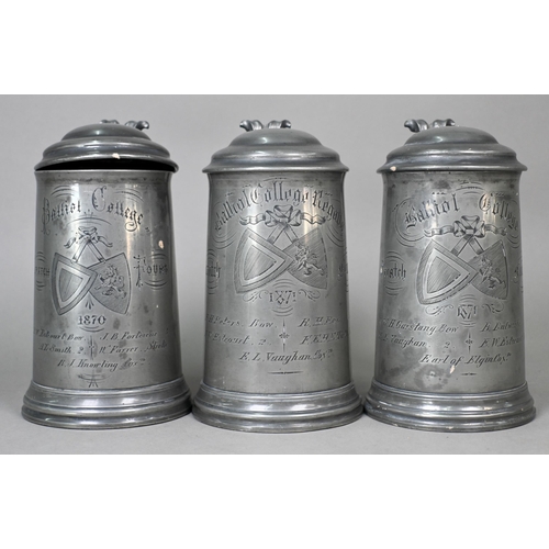 973 - Three 1871 pewter trophy tankards, Balliol College (Oxford) Scratch Fours (rowing) 20 cm to/w two 16... 