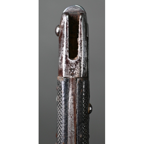 964 - An 1879 pattern Artillery sawback bayonet with 65.6 cm fullered blade, steel stirrup guard and two-p... 