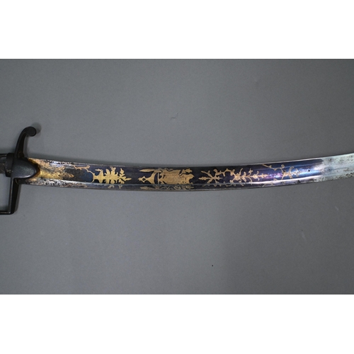 965 - A Georgian military officer's sabre, the 83 cm curved and fullered blade, lacquered, gilded and engr... 