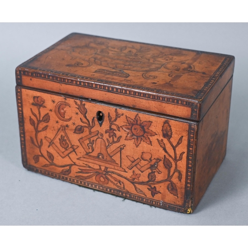 979 - Masonic interest - George III satinwood tea caddy, profusely inlaid with marquetry urns, squares, co... 