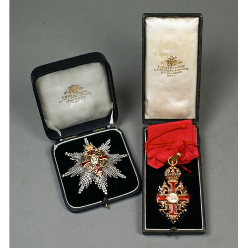 The Imperial Austrian Order of Franz Josef (1849), a rare Commander & Star companion set, 2nd type (post 1872), comprising a neck badge in 18 carat gold and enamels, Gemsenkopf stamp 3A and makers stamp for Vinc. Mayer's Sohne, Wien, on original old silk ribbon and in case of issue; breast star with gold and enamels, marked 'C' for Comthur and Dianakopf 2A for silver and AA Vienna assay mark, the claws further stamped 3A and VM, in original fitted case of issue, both EF (2)