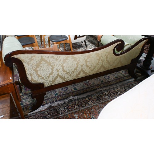 688 - A Regency profusely brass inlaid rosewood scroll end sofa, with pale green damask upholstery and rai... 