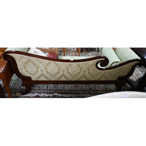 688 - A Regency profusely brass inlaid rosewood scroll end sofa, with pale green damask upholstery and rai... 